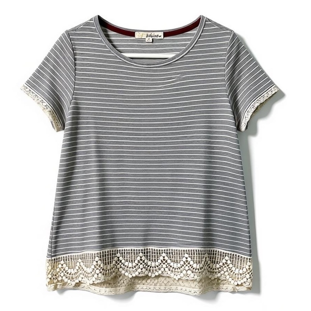 Rewind Gray Striped Lace Trim Top Short Sleeve Rayon Stretch XXL